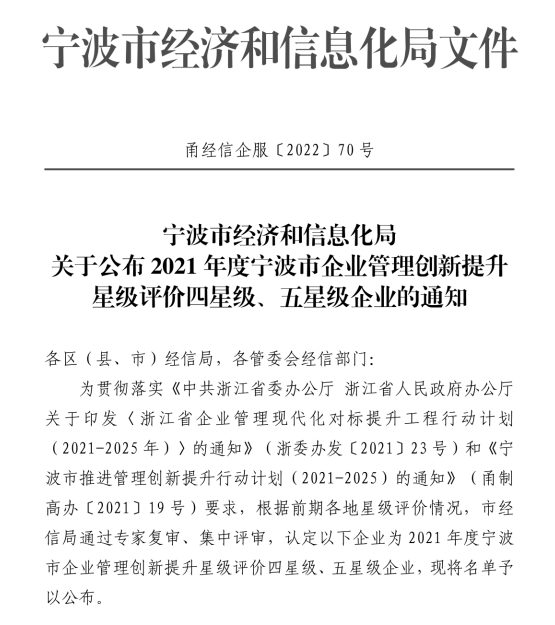 熱烈祝賀柯力傳感獲評2021年度寧波市企業(yè)管理創(chuàng)新提升五星級企業(yè)